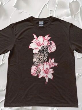 Pink Floral & Leopard Graphic Gildan Tshirt Dark Chocolate